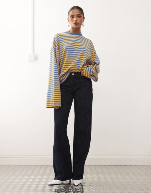 Lioness Bloom cotton blend long sleeve crew neck boxy t-shirt in blue and yellow stripe, 2 of 4