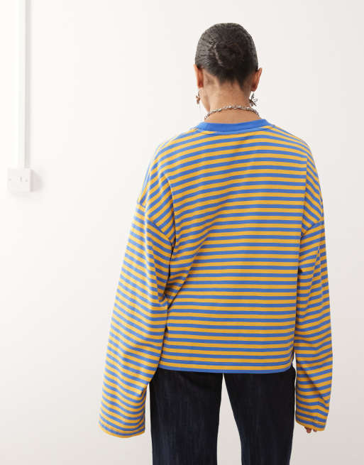 Lioness Bloom cotton blend long sleeve crew neck boxy t-shirt in blue and yellow stripe, 3 of 4