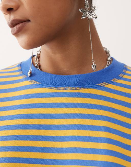 Lioness Bloom cotton blend long sleeve crew neck boxy t-shirt in blue and yellow stripe, 4 of 4