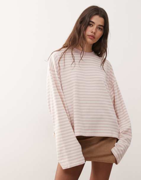 Lioness Bloom cotton blend long sleeve crew neck boxy T-shirt in blush stripe - view 1