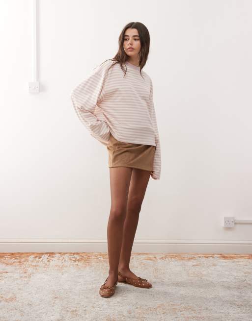 Lioness Bloom cotton blend long sleeve crew neck boxy T-shirt in blush stripe, 2 of 4