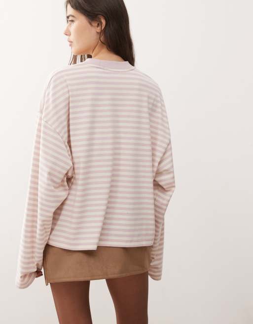 Lioness Bloom cotton blend long sleeve crew neck boxy T-shirt in blush stripe, 3 of 4