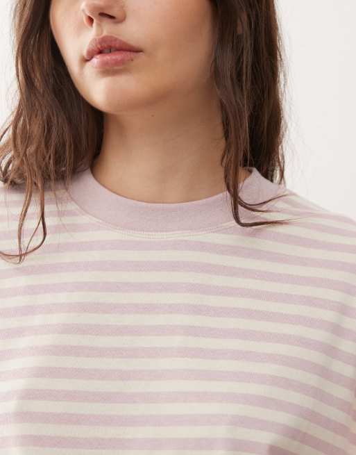 Lioness Bloom cotton blend long sleeve crew neck boxy T-shirt in blush stripe