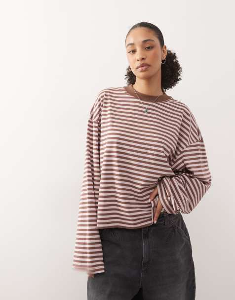 Lioness Bloom cotton blend long sleeve crew neck boxy t-shirt in chocolate and blush stripe