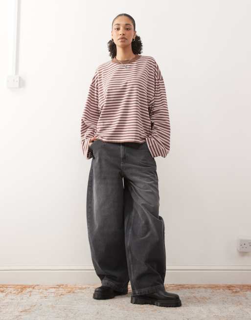 Lioness Bloom cotton blend long sleeve crew neck boxy t-shirt in chocolate and blush stripe, 2 of 4