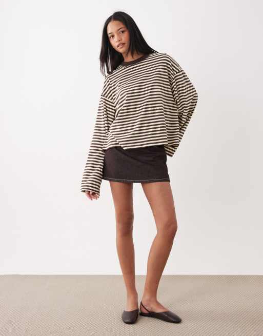 Lioness Bloom cotton blend long sleeve crew neck boxy t-shirt in chocolate and lemon stripe, 2 of 4