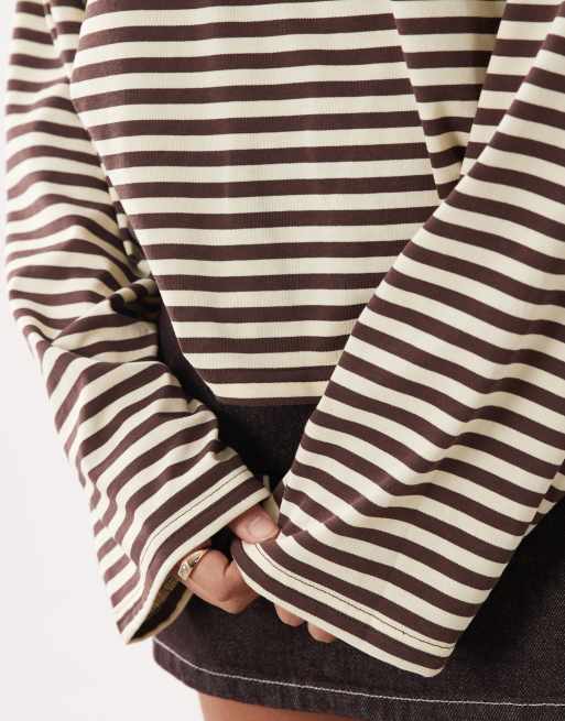 Lioness Bloom cotton blend long sleeve crew neck boxy t-shirt in chocolate and lemon stripe, 3 of 4