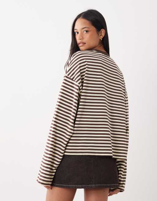 Lioness Bloom cotton blend long sleeve crew neck boxy t-shirt in chocolate and lemon stripe, 4 of 4