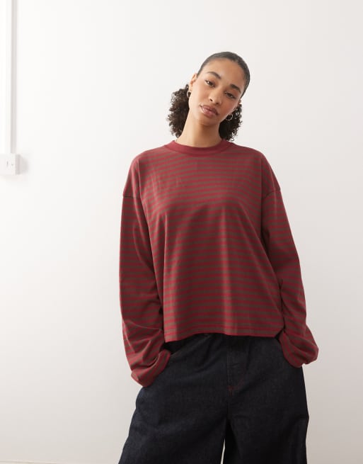 Lioness Bloom cotton blend long sleeve crew neck boxy t-shirt in chocolate and wine stripe, 2 of 4