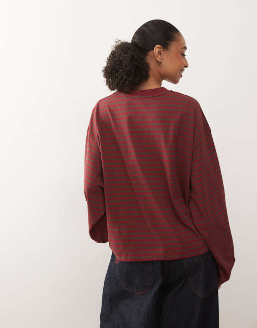 Lioness Bloom cotton blend long sleeve crew neck boxy t-shirt in chocolate and wine stripe, 3 of 4