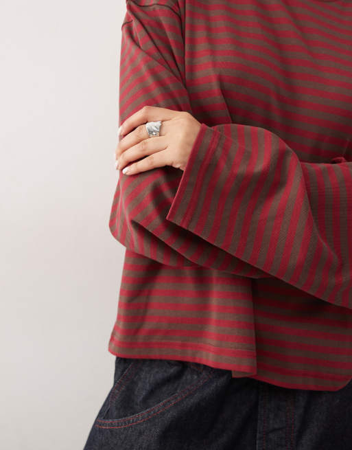Lioness Bloom cotton blend long sleeve crew neck boxy t-shirt in chocolate and wine stripe, 4 of 4