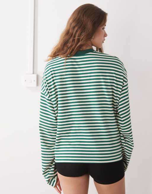 Lioness Bloom cotton blend long sleeve crew neck boxy t-shirt in forest green & white stripe  , 2 of 4