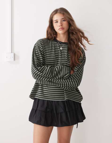Lioness Bloom cotton blend long sleeve crew neck boxy t-shirt in green & black stripes - view 1
