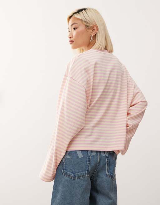 Lioness Bloom cotton long sleeve crew neck boxy T-shirt in lemon & pink stripe