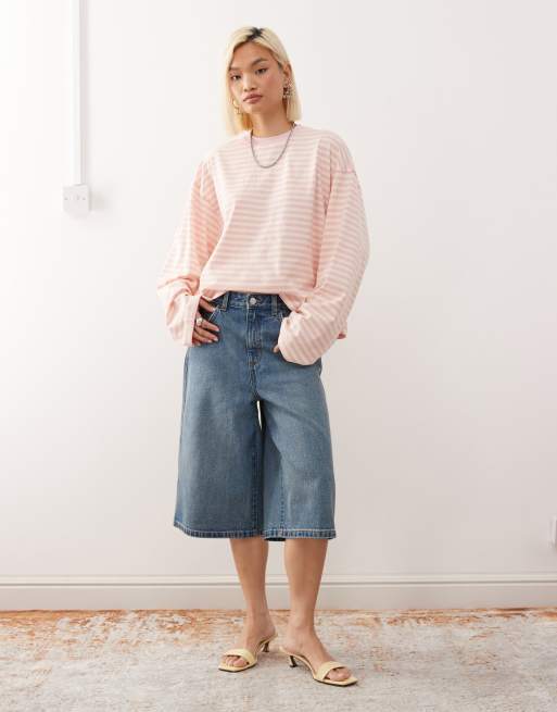 Lioness Bloom cotton long sleeve crew neck boxy T-shirt in lemon & pink stripe