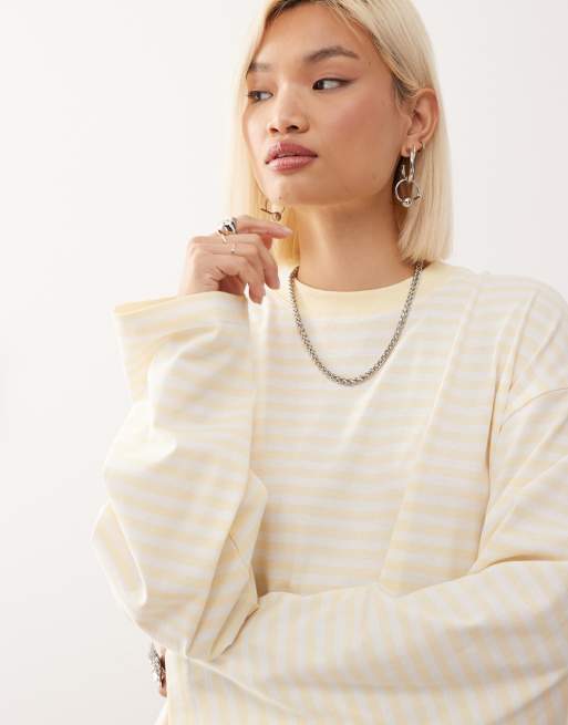 Lioness Bloom cotton blend long sleeve crew neck boxy t-shirt in lemon & white stripes  