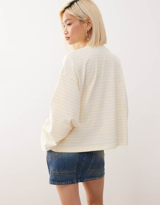 Lioness Bloom cotton blend long sleeve crew neck boxy t-shirt in lemon & white stripes  