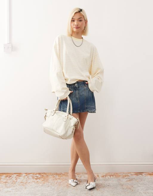Lioness Bloom cotton blend long sleeve crew neck boxy t-shirt in lemon & white stripes  
