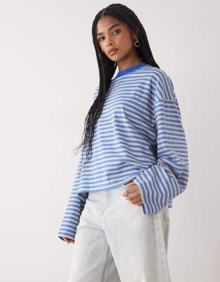 Lioness Bloom Cotton Blend Long Sleeve Crew Neck Boxy T-shirt In Blue