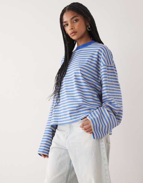 Lioness Bloom cotton blend long sleeve crew neck boxy t-shirt in mickey blue stripe - view 1