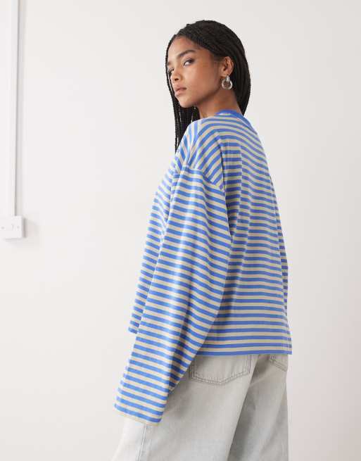 Lioness Bloom cotton blend long sleeve crew neck boxy T-shirt in mickey blue stripe, 3 of 4