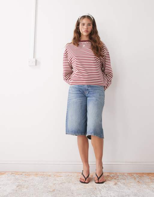 Lioness Bloom cotton-blend long sleeve crew neck boxy t-shirt in wine & white stripe, 3 of 4