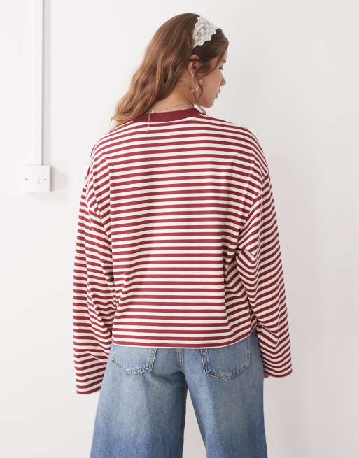 Lioness Bloom cotton-blend long sleeve crew neck boxy t-shirt in wine & white stripe, 4 of 4