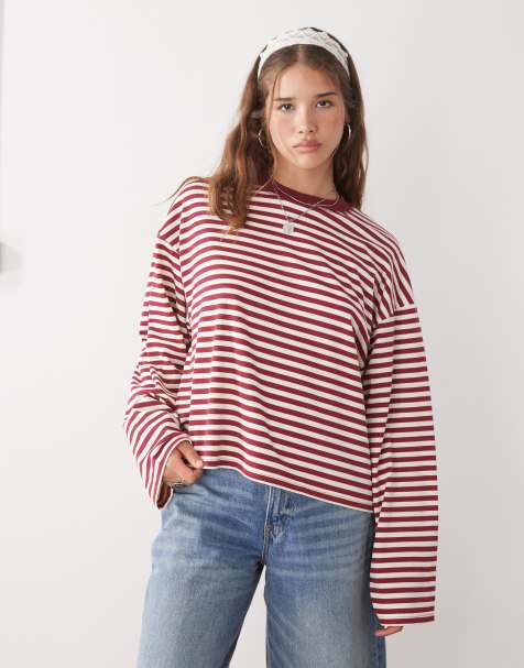 Lioness Bloom cotton blend long sleeve crew neck boxy t-shirt in wine & white stripes - view 1