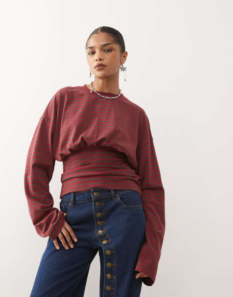 Lioness Bloom cotton blend long sleeve crew neck cinched waist t-shirt in wine and chocolate stripe - view 1