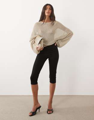 Lioness Bloom Cotton Blend Sheer Metallic Long Sleeve Crew Neck Boxy Knit Top In Neutral