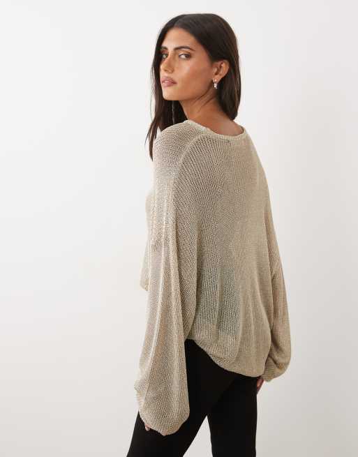 Lioness Bloom cotton blend sheer metallic long sleeve crew neck boxy knitted top in gold, 2 of 4
