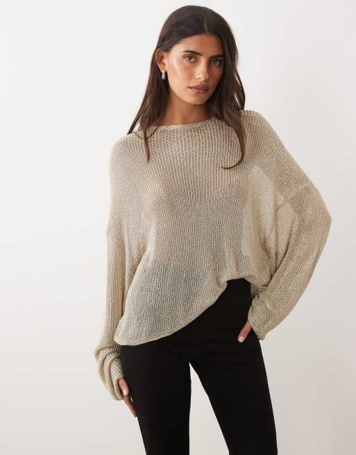 Lioness Bloom cotton blend sheer metallic long sleeve crew neck boxy knitted top in gold, 3 of 4