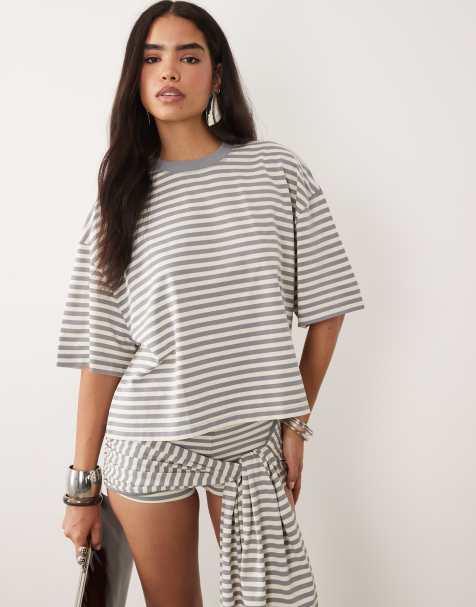Lioness Bloom cotton blend short sleeve crew neck boxy t-shirt co-ord in ash stripe - view 1