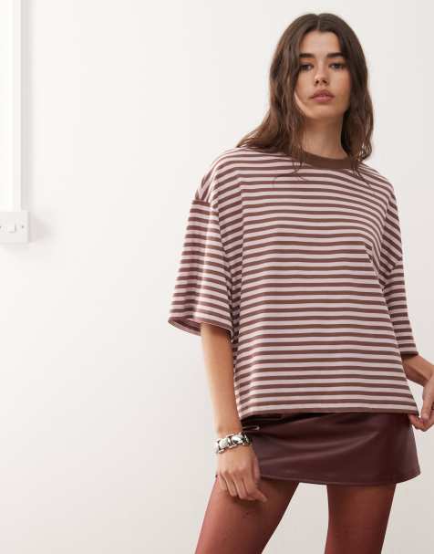 Lioness Bloom cotton blend short sleeve crew neck boxy t-shirt in chocolate and blush stripe - view 1