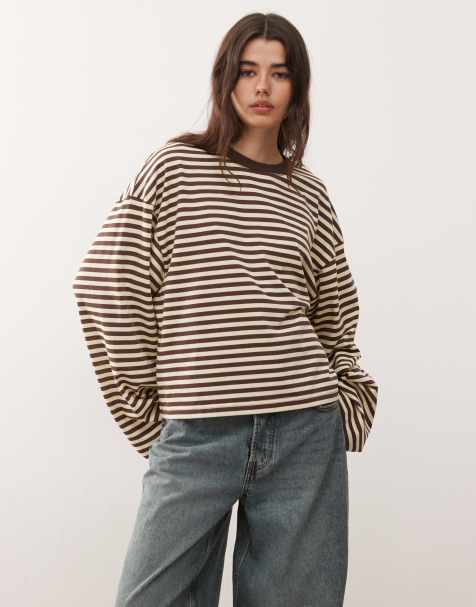 Lioness Bloom cotton blend short sleeve crew neck boxy T-shirt in chocolate and lemon stripe - view 1