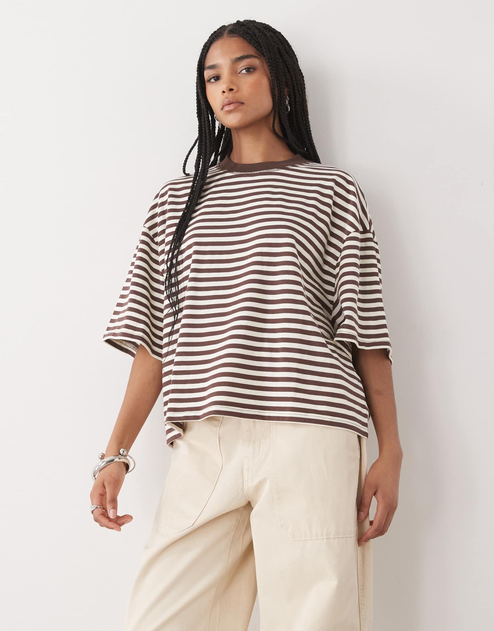 Облегающая футболка из хлопчатобумажной смеси Lioness Bloom с коротким рукавом и круглым вырезом в полоску цвета темного шоколада