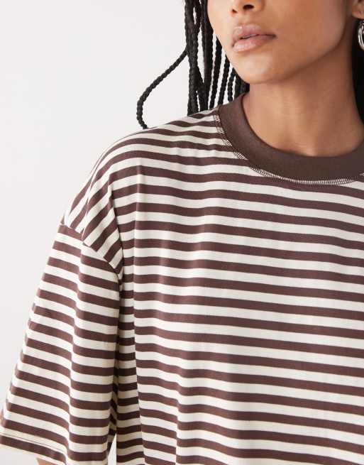 Lioness Bloom cotton blend short sleeve crew neck boxy t-shirt in dark chocolate stripe, 2 of 4