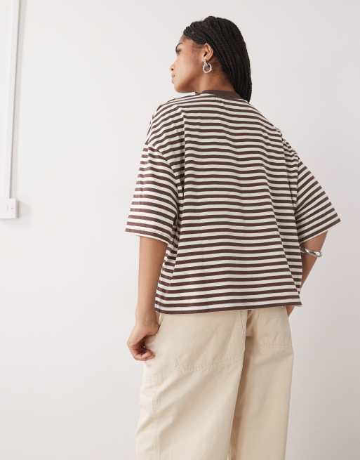 Lioness Bloom cotton blend short sleeve crew neck boxy t-shirt in dark chocolate stripe, 4 of 4