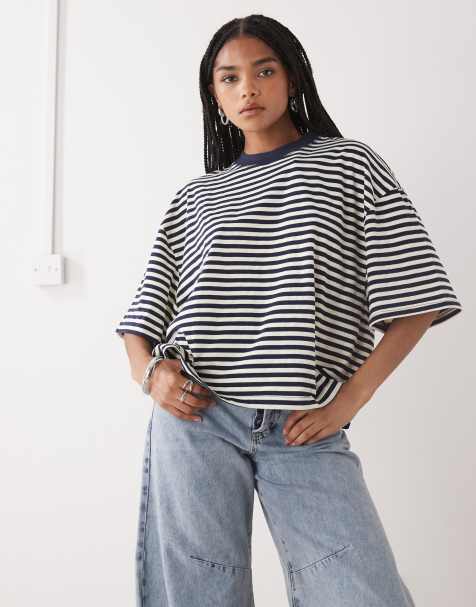 Lioness Bloom cotton blend short sleeve crew neck boxy t-shirt in navy white stripe - view 1