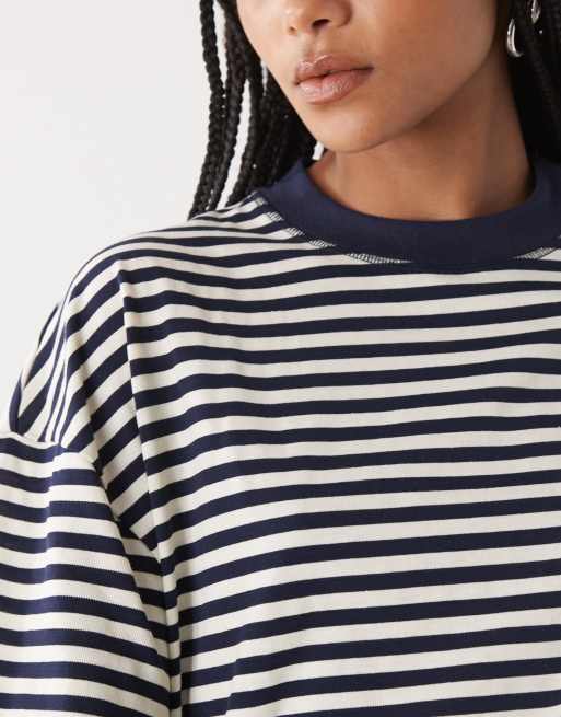 Lioness Bloom cotton blend short sleeve crew neck boxy T-shirt in navy white stripe, 2 of 4
