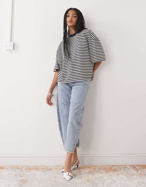 Lioness Bloom cotton blend short sleeve crew neck boxy T-shirt in navy white stripe, 3 of 4