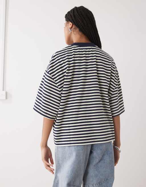 Lioness Bloom cotton blend short sleeve crew neck boxy T-shirt in navy white stripe, 4 of 4