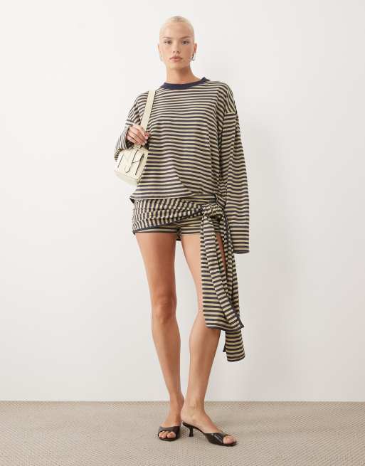 Lioness Bloom cotton blend long sleeve crew neck boxy T-shirt and skort in beige & navy stripe, 2 of 3