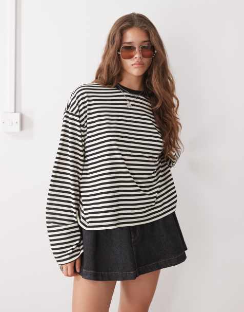 Lioness Bloom cotton long sleeve crew neck boxy t-shirt in black & white stripe - view 1