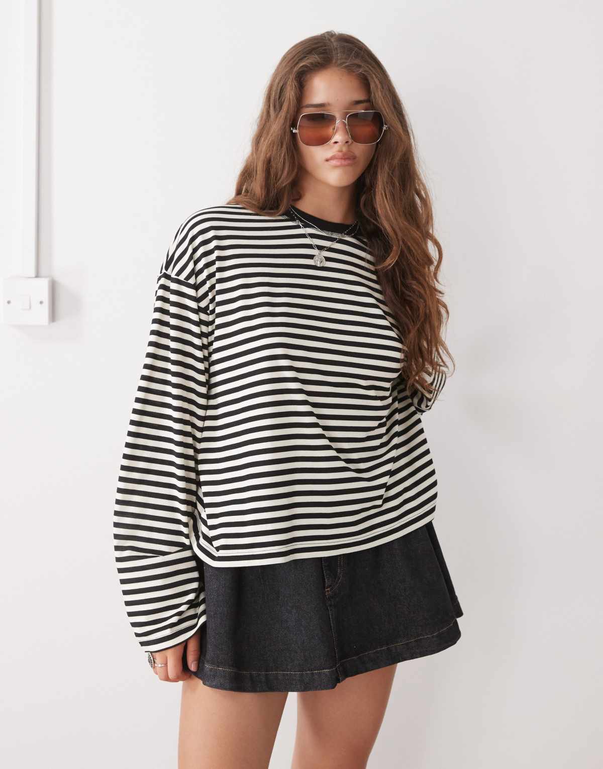 Lioness Bloom cotton long sleeve crew neck boxy t-shirt in black & white stripe