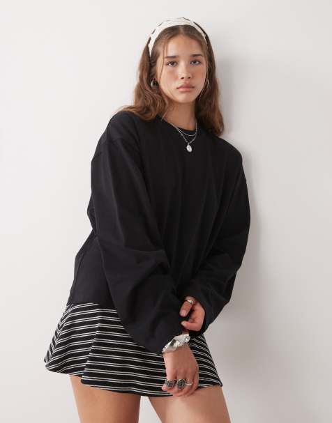 Lioness Bloom cotton long sleeve crew neck boxy t-shirt in black - view 1