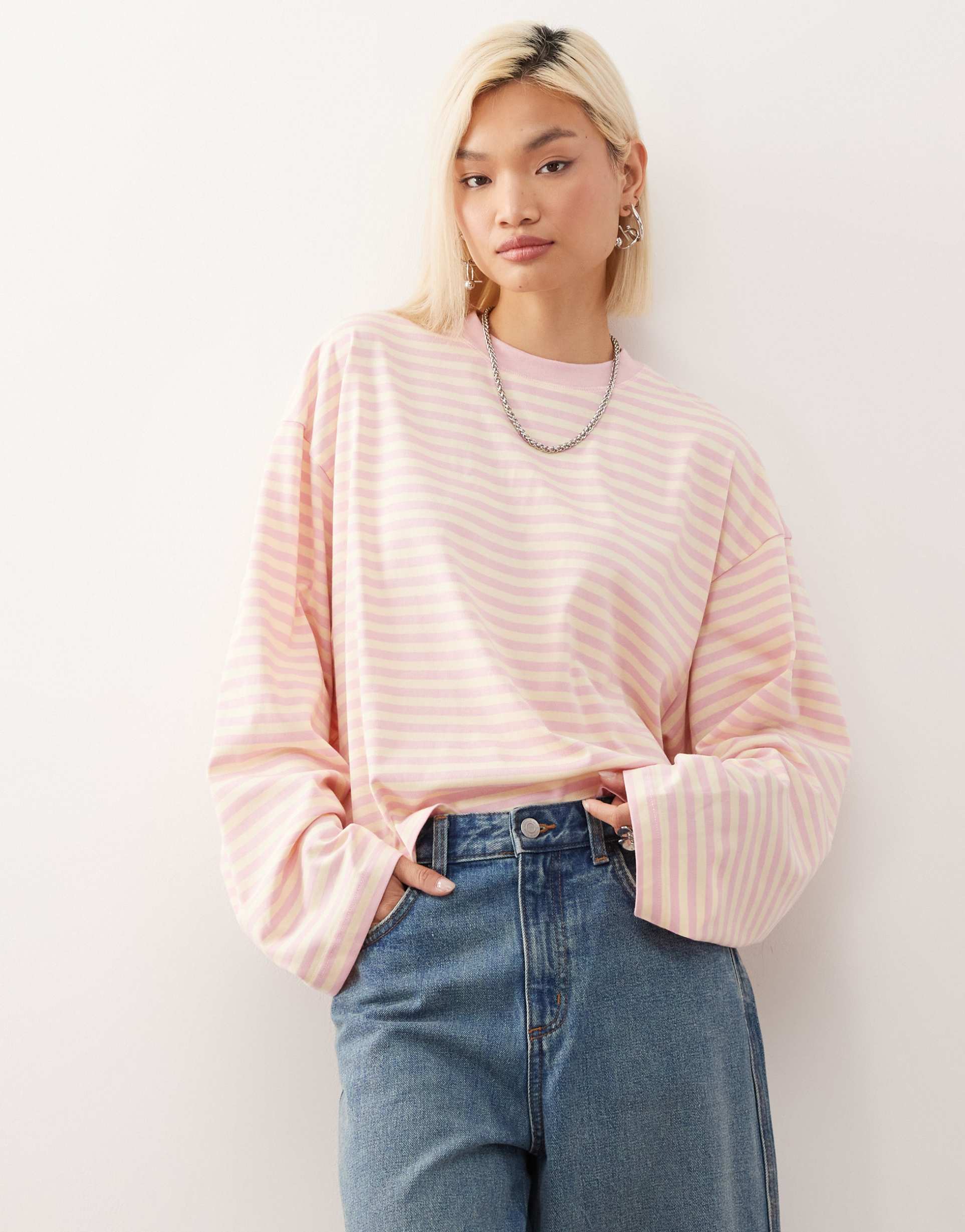 lioness bloom cotton long sleeve crew neck boxy t-shirt in lemon & pink stripe