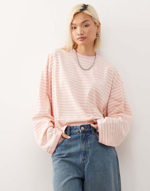Lioness Bloom cotton long sleeve crew neck boxy t-shirt in lemon & pink stripe