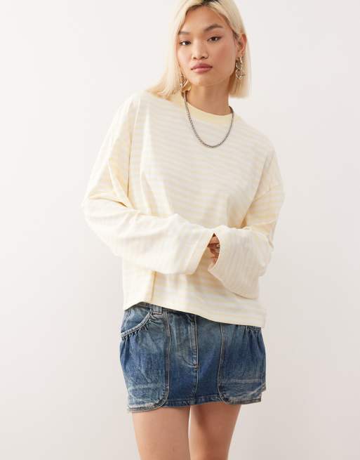 Lioness Bloom cotton long sleeve crew neck boxy t-shirt in lemon & white stripe
