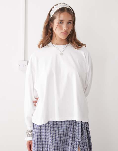 Lioness Bloom cotton long sleeve crew neck boxy t-shirt in white - view 1